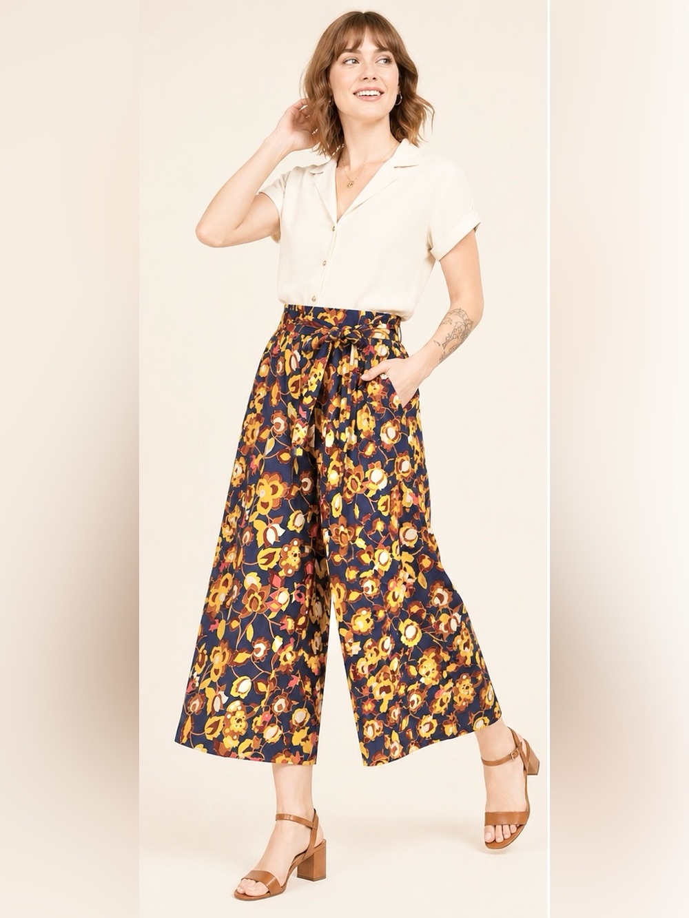 Modcloth New Wide-Leg Floral Culotte Pull-on Pants w Tie-Waist. S